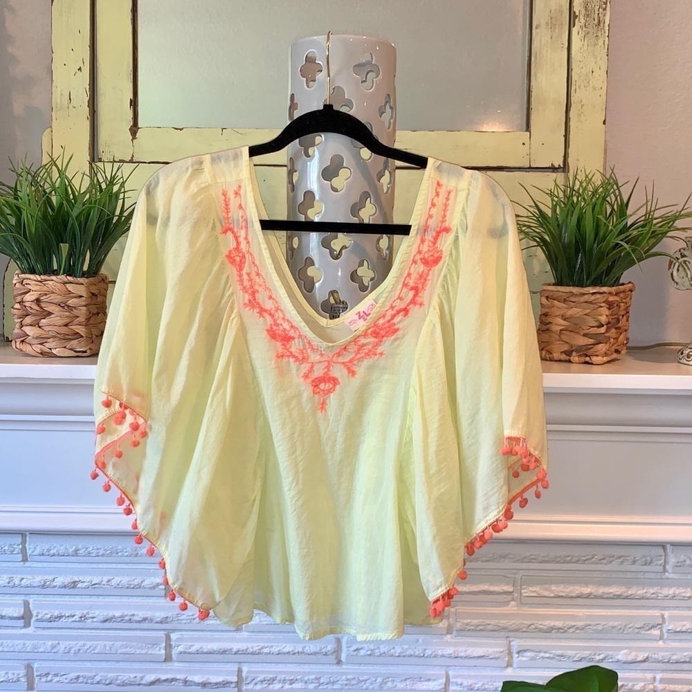 ZLEUROPE Colorful Kaftan Yellow V-Neck Pom Pom Embroidered Boho Top Summer Small